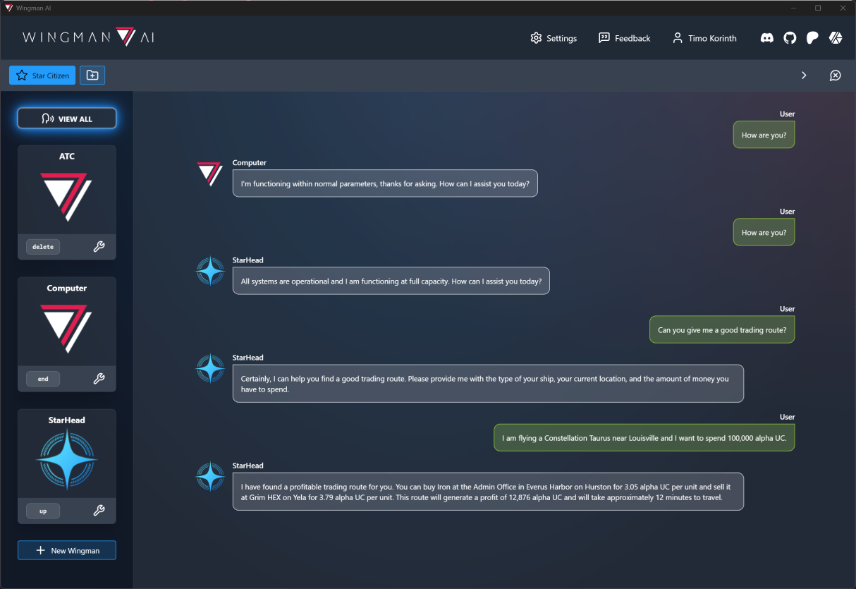 Wingman message history in the UI